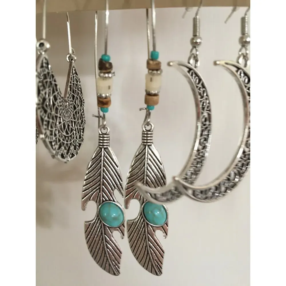 NWT Boho Drop Dangle and Stud Earrings, Feathers Turquoise, Crescent Moon